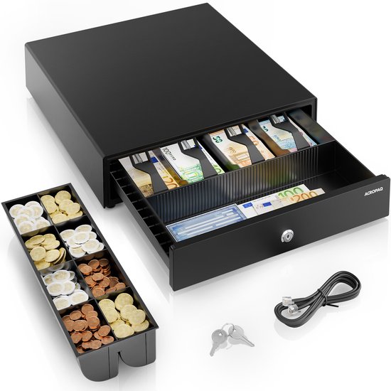 ACROPAQ Kassalade - 42 x 41 x 10 cm - Geldlade met 8 muntvakken en 4 biljetvakken, Compatibel met RJ11 kassa - Metalen behuizing