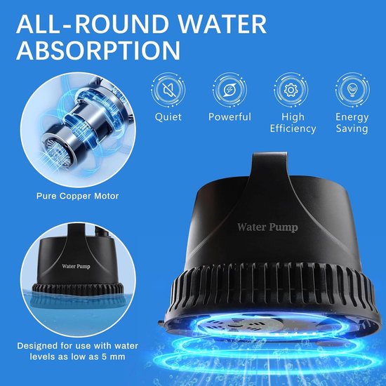 Mini-waterpomp, 20 W, 1500 l/u, dompelpomp, klein, met 3 sproeiers en 1,5 m slang, ultra stille aquariumpomp, onderwater, fonteinpomp, voor tuinen, aquarium, vijver, fontein (blauw