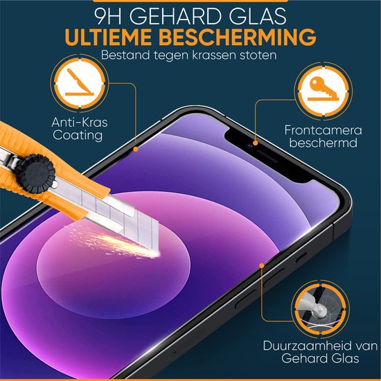 9H GEHARD GLAS, ultieme bescherming. Bestand tegen krassen en stoten. Anti-kras coating, frontcamera beschermd, duurzaamheid van gehard glas.