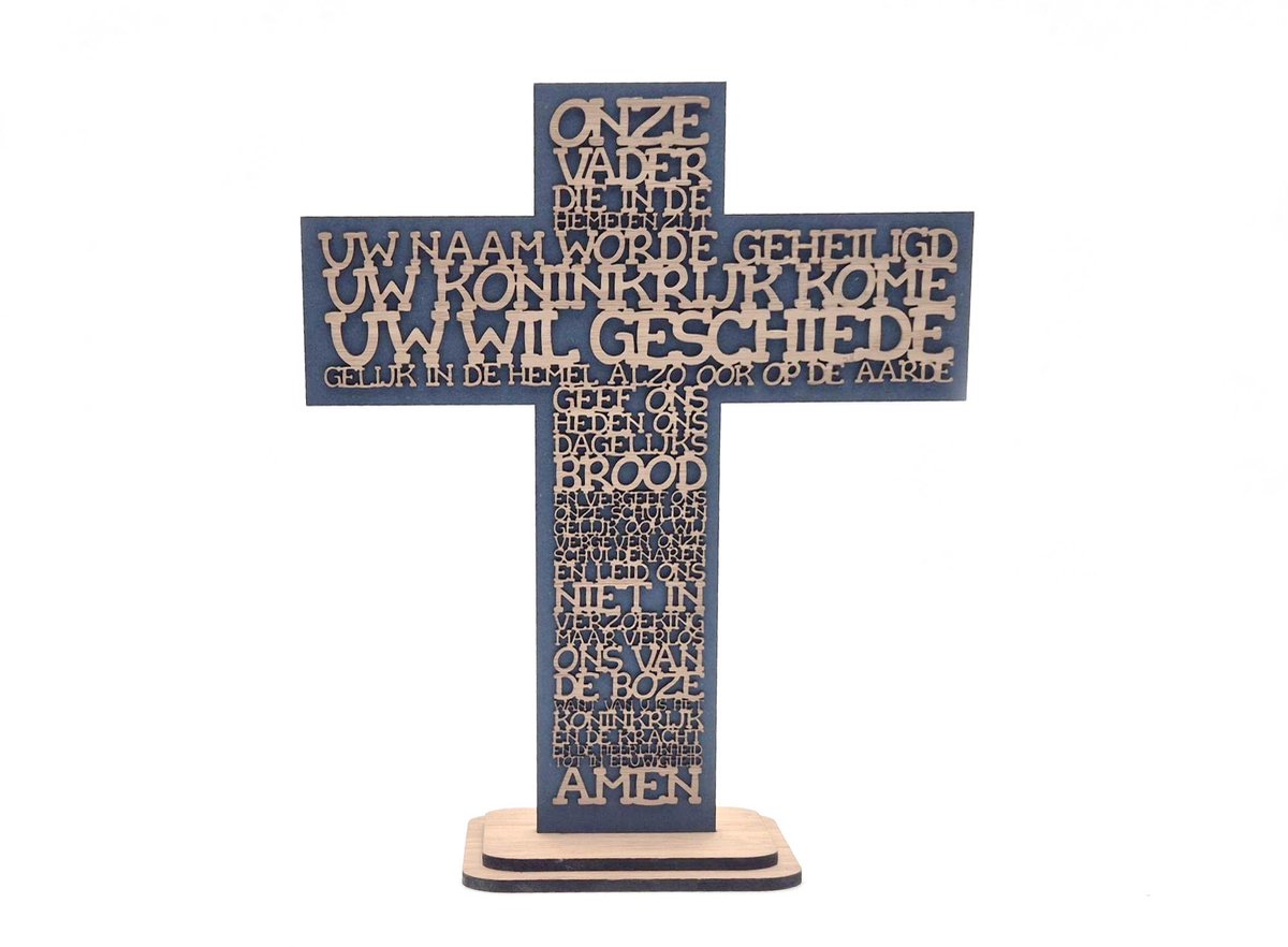 Houten kruis met Het Onze Vader – drie uitvoeringen – Blauw · 24,5 × 29 cm
