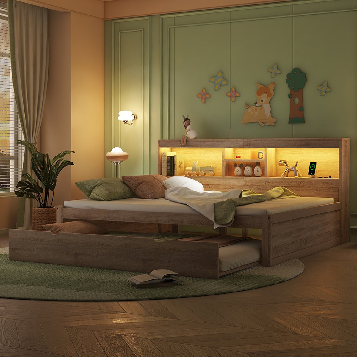 Lit Double 140x200 Avec Lit Gigogne Et Rangements - Blanc, Prise USB Et électrique - Pour Ado Ou Adulte, Sans Matelas