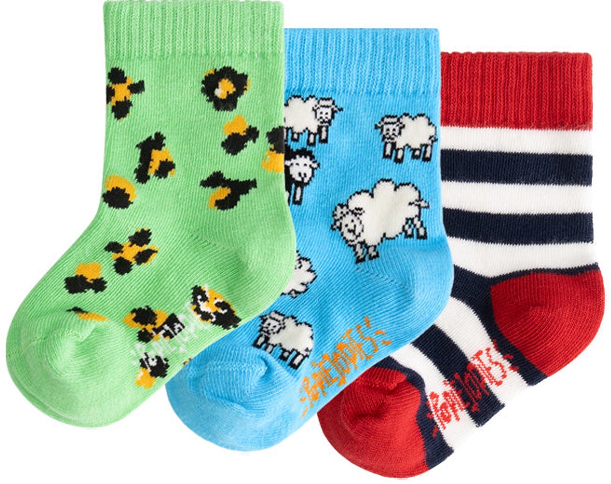 Popiejopies 3-pack Funky Original kindersokken - 0-12 maanden of kindermaat 13-21 - uniseks | 3 prints sokken: panterprint, schapenprint, gestreepte sokken