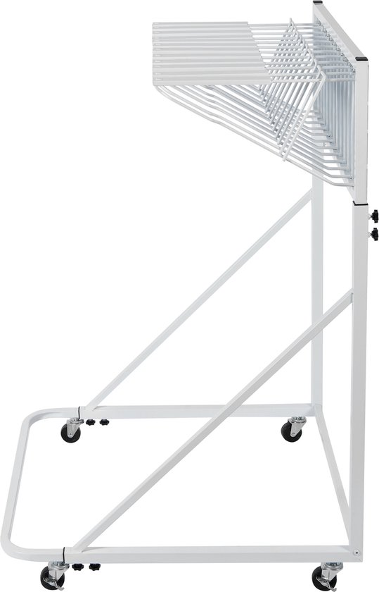 Wit metalen rek met 12 papieren klemmen, zwenkwielen en instelbare knoppen aan de zijkant.