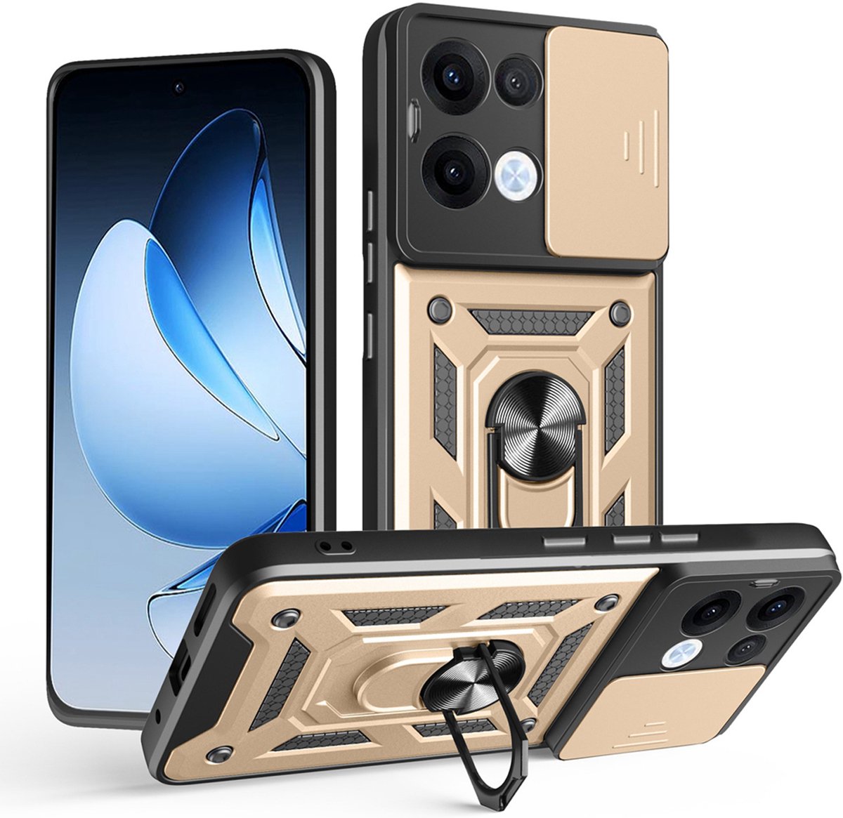 MobyDefend Hoesje - Geschikt voor Oppo Reno13 - Pantsercase Met Draaibare Ring - Goud