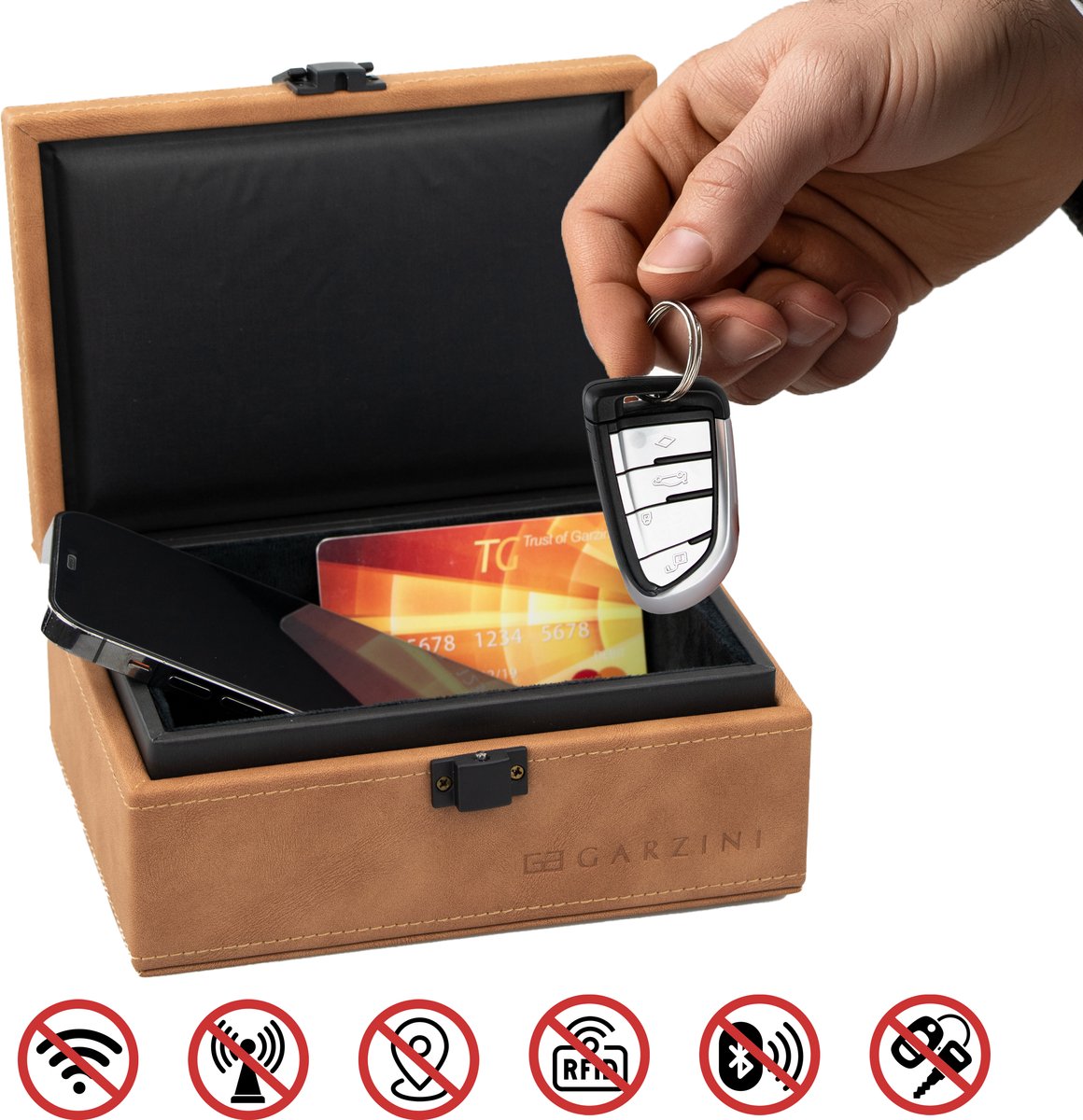 Garzini Faraday Box Medium – RFID Beschermhoes Autosleutel - Keyless Entry Antidiefstal Box – Sleutelhoesje - Bruin