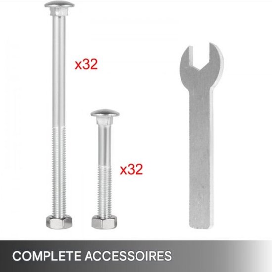 Twee maten bouten (x32 elk) en een kleine steeksleutel. Tekst 'COMPLETE ACCESSOIRES'.