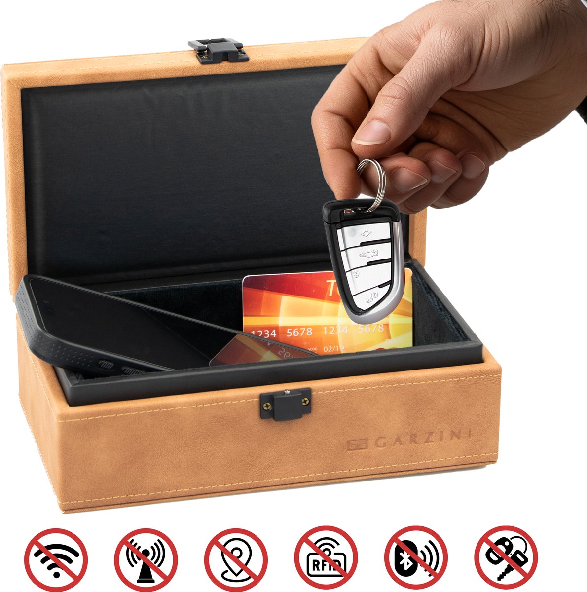 Garzini Faraday Box Large – RFID Beschermhoes Autosleutel - Keyless Entry Antidiefstal Box – Sleutelhoesje - Bruin