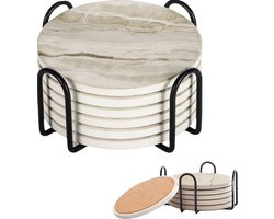 Joya Party® Set van 6 marmer look onderzetters met Metalen Houder | Marmeren Onderzettersset met kurkbodem | Coaster | Onderzetters voor glazen | Onderleggers voor Glazen | Glasonderzetters voor op Tafel | Set van 6