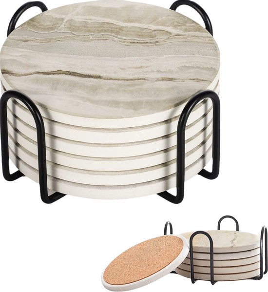 Joya Party® Set de 6 sous-verres aspect marbre avec support en métal | Ensemble de sous-verres en marbre avec base en liège | Coaster | Sous-verres pour verres | Dessous de verre pour Verres | Dessous de verre pour la table | Lot de 6