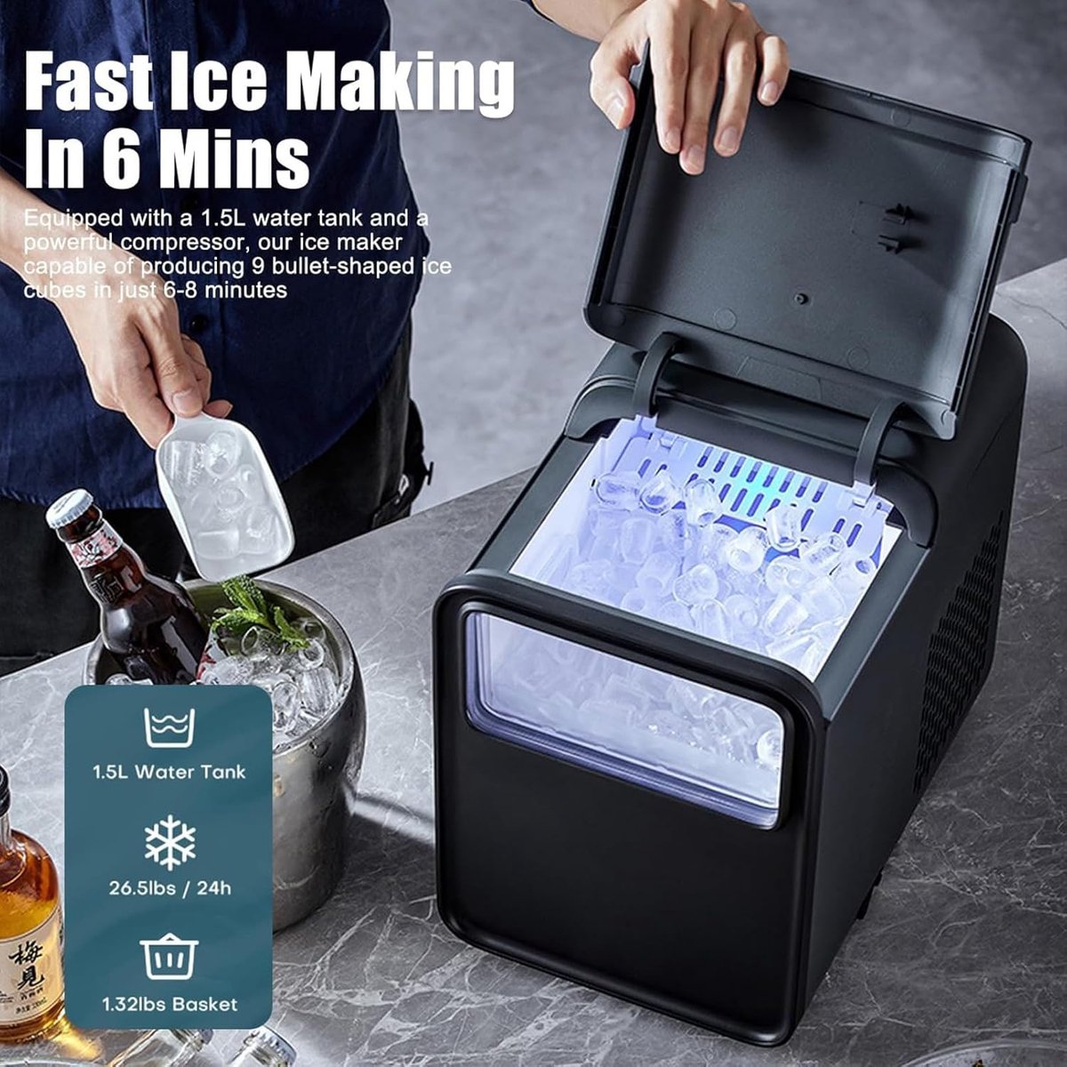 KASJ Q1 Ijsblokjesmachine - Ijs in 6 Min - 1,5L Waterreservoir - Keuze Grote/Kleine Ijsblokjes - Capaciteit 120 Stuks - UV-Desinfectie - Zelfreinigend - 15 kg/24uur | IJsblokjesmachines