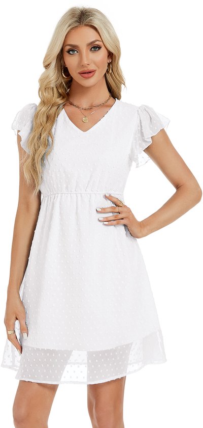 Zomerjurken voor dames, geplooide mouwen, V-halsjurk, casual swing, elastische taille, knielange strandjurk Wit M