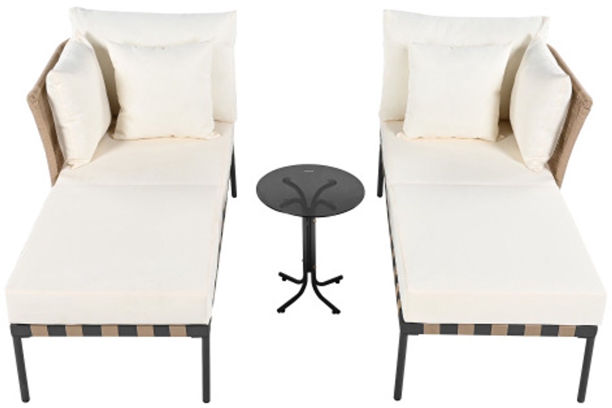 Tuinbank, buitenligstoel, afneembare en modulaire tuinligstoel, balkonmeubelset, loungemeubilair, terrasmeubilair met 4 kussens, salontafel met afneembare en wasbare kussens, beige