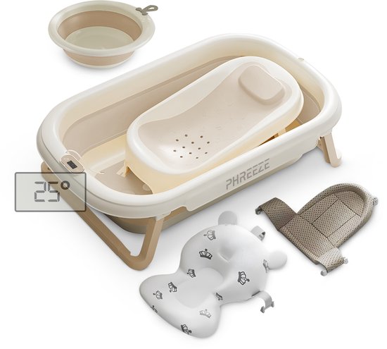 Opvouwbaar Babybad met Thermometer - Baby Badje - Complete 5-Delige Baby Badset met Zitje, Kussen & Hangmat - Geboorte Cadeau