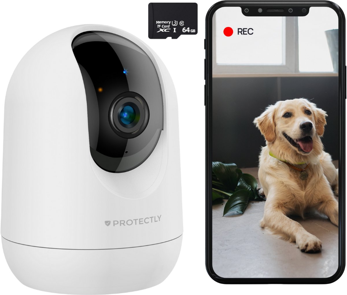 Protectly® Beveiligingscamera binnen - 2K 3MP Ultra HD - Huisdiercamera met app - Petcam - Hondencamera - Met WiFi APP - Volgt beweging en geluidsdetectie - Indoor Camera - Incl. 64GB SD - 2.4/5 GHz - Wit
