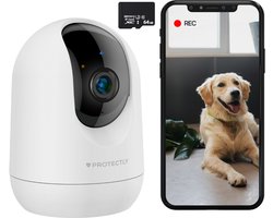 Protectly® Beveiligingscamera binnen - 2K 3MP Ultra HD - Huisdiercamera met app - Petcam - Hondencamera - Met WiFi APP - Volgt beweging en geluidsdetectie - Indoor Camera - Incl. 64GB SD - 2.4/5 GHz - Wit
