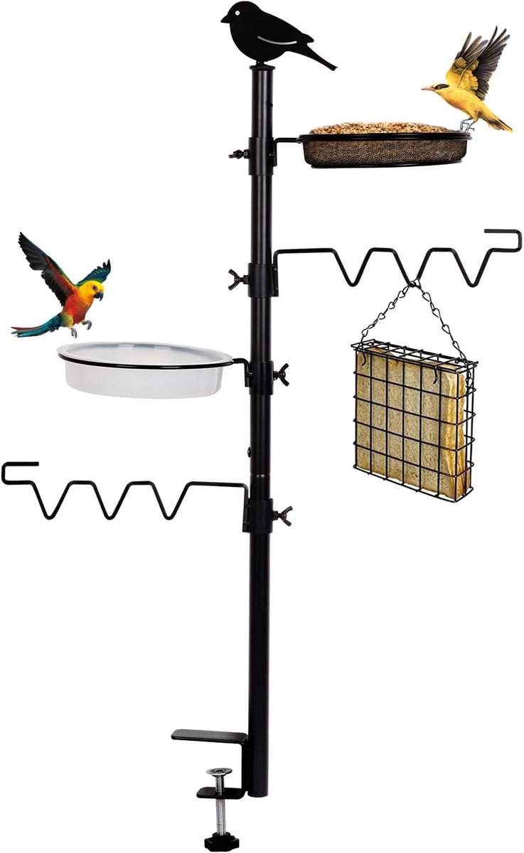 De Hangende Vogelvoeder en Vogelbad met een hoogte van 92 cm, 2-in-1 Metalen Balkonbeugel, Compleet Set inclusief Vogelbad en Voederplaat voor Meelwormen, Granen, Pinda's en Vogelbad [Zwart].