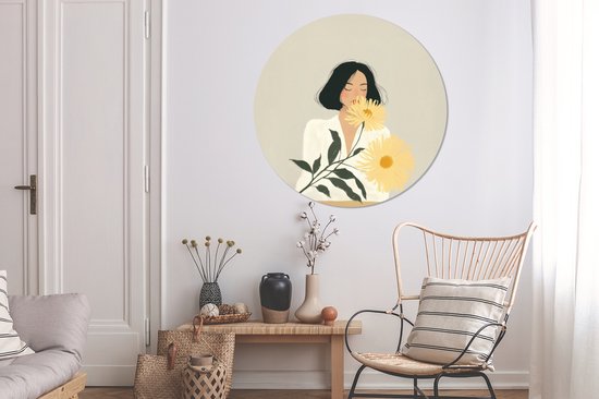 WallCircle - Wandcirkel - Muurcirkel - Vrouw - Bloem - Geel - Minimalistisch - Aluminium - Dibond - 120x120 cm - Binnen en Buiten XXL