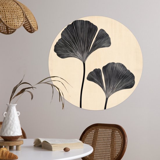 WallCircle® - Papier peint cercle 50x50 cm - Stickers muraux Feuilles - Minimaliste - Zwart - Cercle mural salon - Cercle mural chambre - Décoration de chambre autocollante - Accessoires de Décoration murale