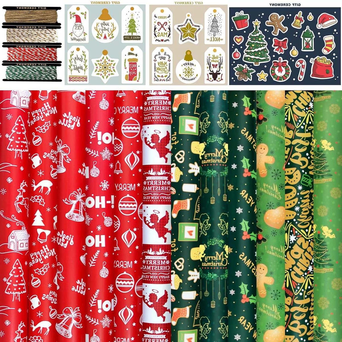 Inpakpapier Set Kerst 12 Vellen Diverse Groene & Rode Gift Inpakpapier Set met Kerst Tags Stickers en Lint Engel Kerstboom Inpakpapier voor Xmas Gift Inpakken.