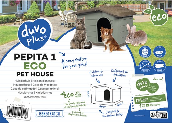 Duvo Plus Pepita 1 Eco pet house: een bruin/groen compact huisje van 60x51x41cm, gemaakt van gerecycled plastic, met 2 dieren.