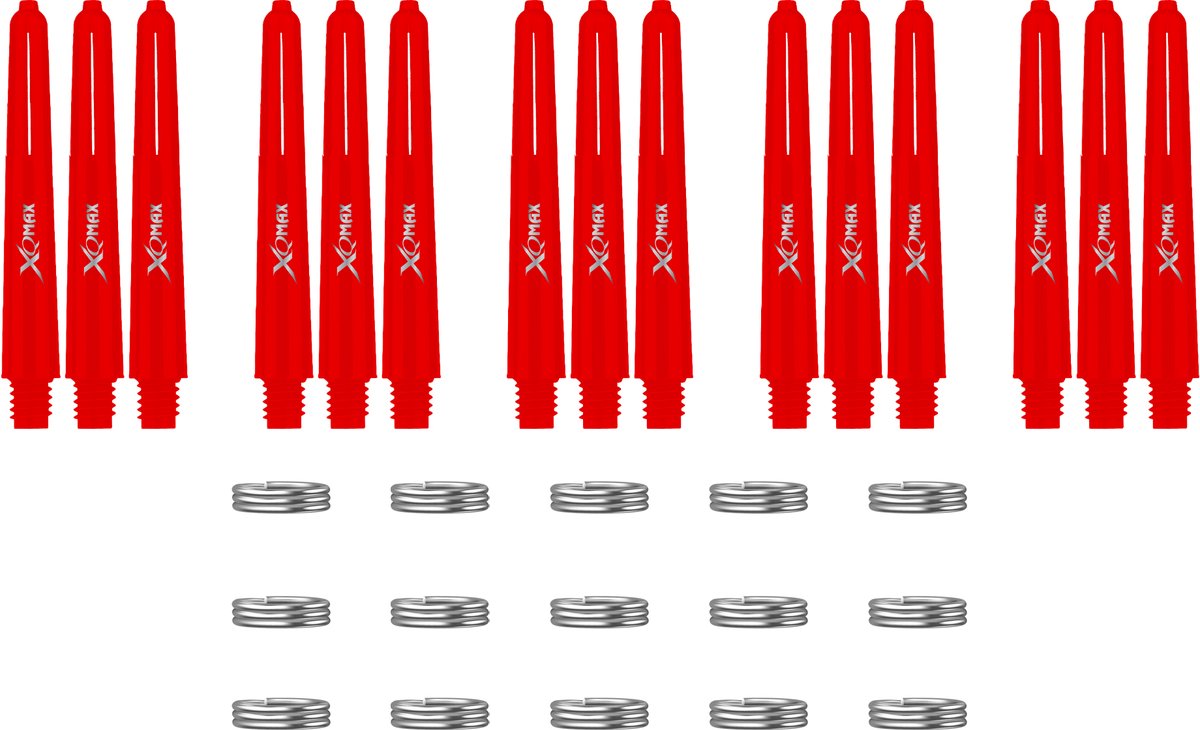 XQMax Dart Shafts - 5 Sets (15 stuks) - Short - Rood - Plus Veerringetjes - Darts Shafts