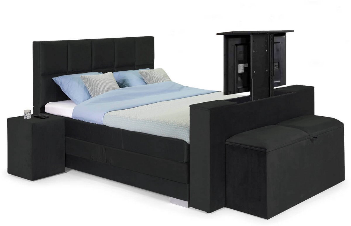 Sweet Sleep Elektrische Boxspring compleet - 180x200 - Incl. 2 Hockers, TV-Lift, Bedbank met opbergruimte & 8-Vlaks Hoofdbord – Monolith Antraciet