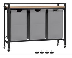 J&R Wasmand kastje - Wasmand met 3 vakken - Wassorteerder - Wasmand tafel - Waszak - Badkamerkast - Wasmand meubel - Wasmand rek - Light oak - Zwart metaal
