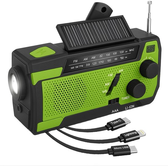 NaturaNex Noodradio Solar Opwindbaar Radio - Powerbank 4000mAh Zonneenergie - Ingebouwde Kabels - Dynamo / Zonnepaneel - Noodpakket Opwindbaar - Zaklamp - Survival Kit - FM - AM