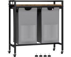 J&R Wasmand kastje - Wasmand met 2 vakken - Wassorteerder - Wasmand tafel - Waszak - Badkamerkast - Wasmand meubel - Wasmand rek - Dark brown - Zwart metaal