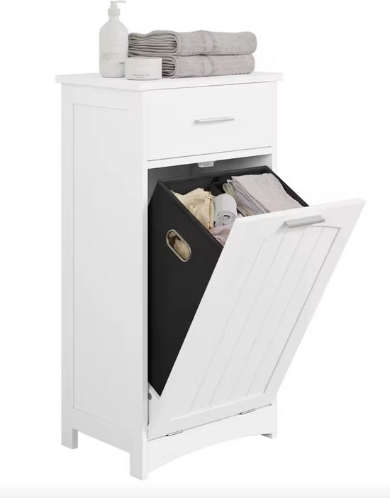 J&R Badkamerkast - Badkamer meubel - Kast - Kast met wasmand - Klep met wasmand - Lade - Wit - Hout - 42x82x30cm