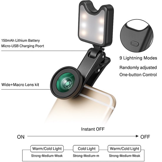 Clip-on LED-ringlamp met groothoeklens op een smartphone, met tekst over de batterij, laadpoort, 9 verlichtingsmodi en bediening.