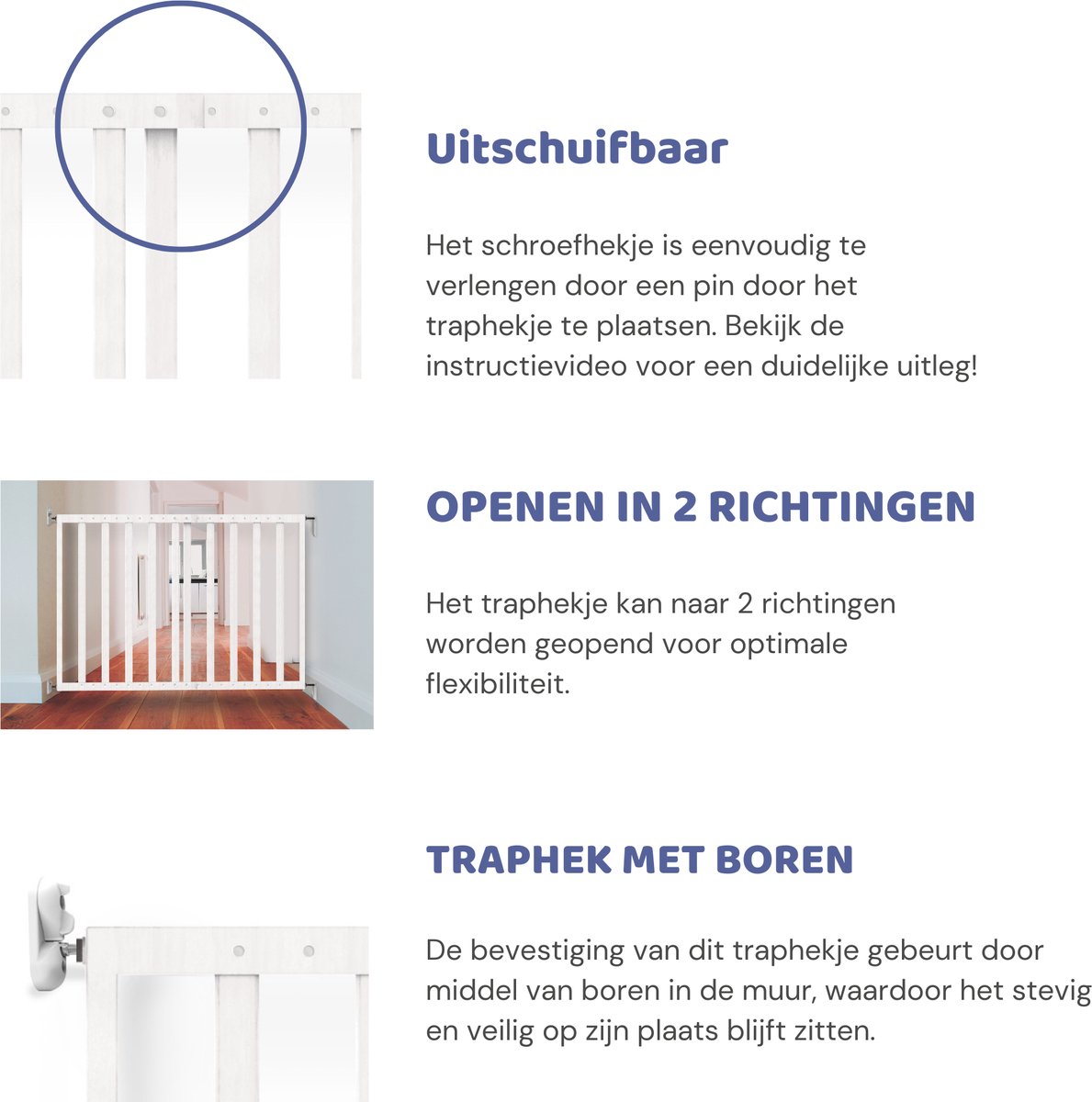 Noma Uitschuifbaar Hout Traphekje Wit | Veiligheidshekje | Schroefhekje | Hondenhekje | Kinderhekje – foto 3