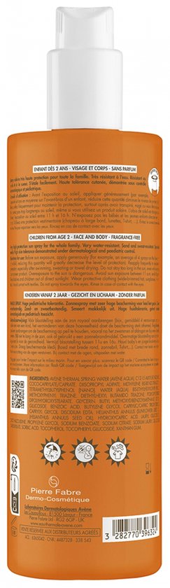 Achterkant van de Avène Resistant Familie Spray SPF 50+ fles met productinformatie en ingrediëntenlijst.