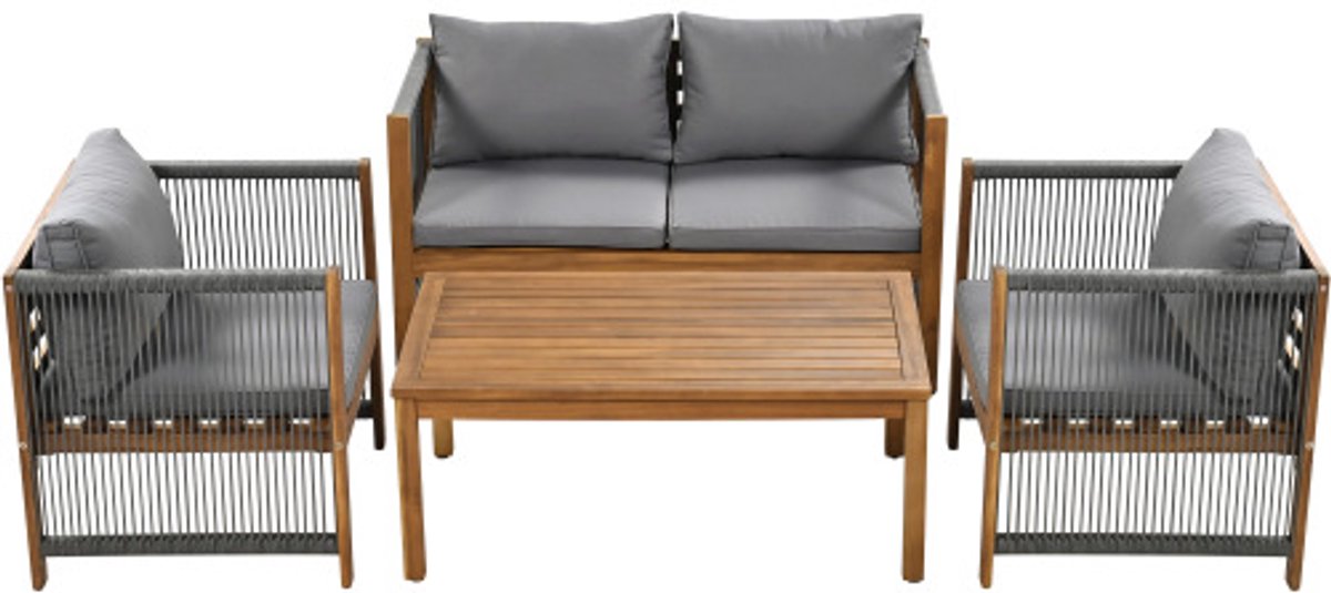 Gotagee Loungeset met grijze rotanlook, tweepersoonsbank, fauteuils en tafel.