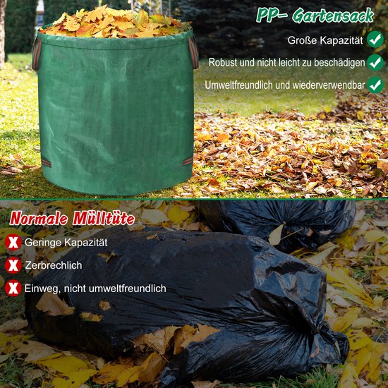 3 Stuk 272L Tuinafvalzak,Tuinzak,Bladzak,Tuinzakken, 150 g/m², Dubbele bodem,UV-bestendig, waterdicht,opvouwbaar, herbruikbaar, voor bladeren en groensnijden, tuinafval van Glorytec — afbeelding 2