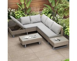 Poly rotan set, tuinset, zitgroep, loungebank, tuinlounge voor 4-5 personen, lounge met hoekbank, tafel & kussens, afneembare en wasbare stoffen hoes, kleur khaki
