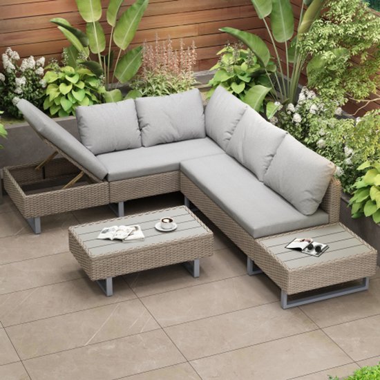 Poly rotan set, tuinset, zitgroep, loungebank, tuinlounge voor 4-5 personen, lounge met hoekbank, tafel & kussens, afneembare en wasbare stoffen hoes, kleur khaki