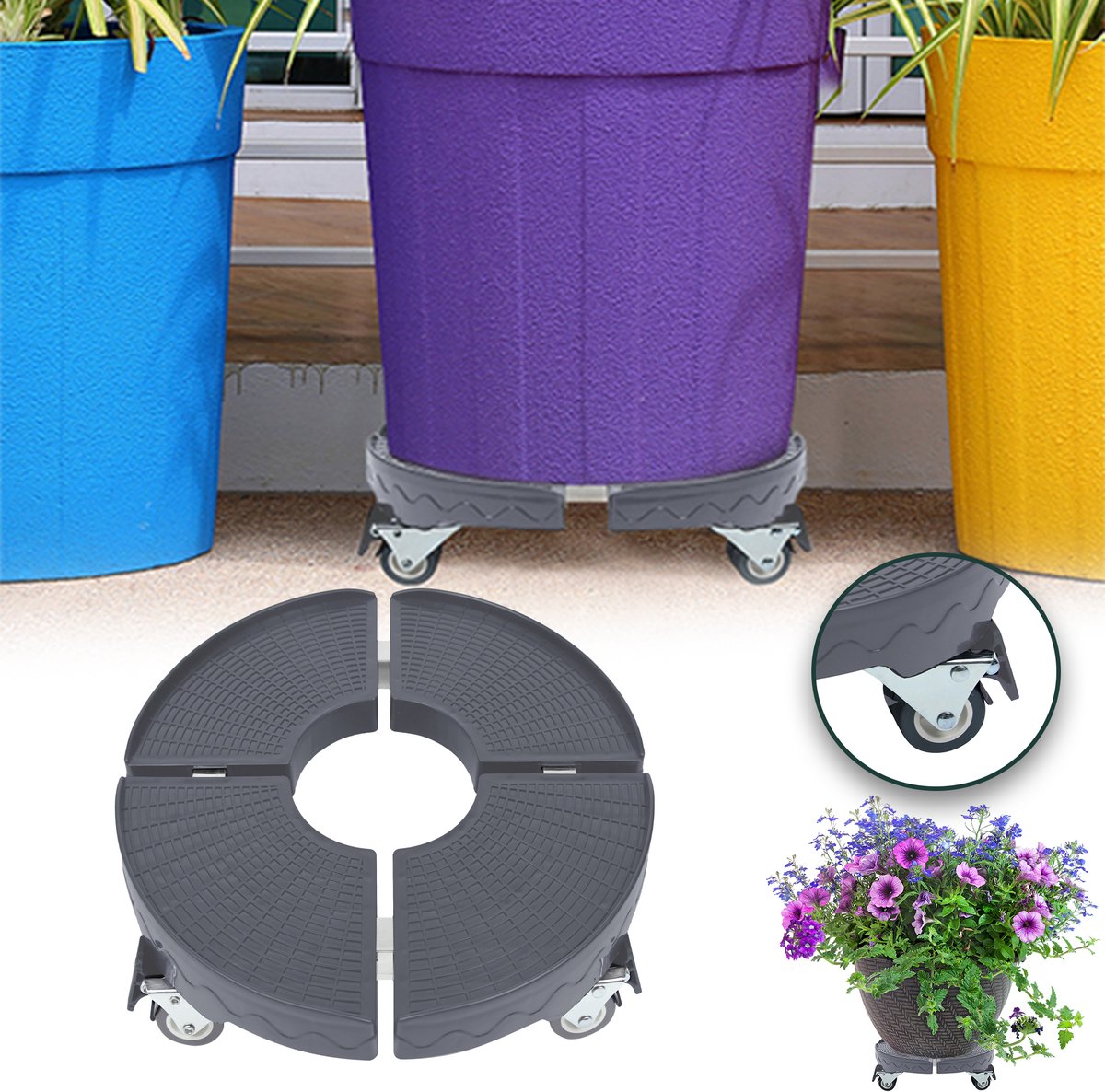 Froadp Plantenroller, Ø 39-52 cm, instelbare bloemenroller, plantenroller voor buiten, binnen, bloempotstandaard op wieltjes, rolplank, rond, draagkracht 300 kg, voor tuin, bloempot, grijs