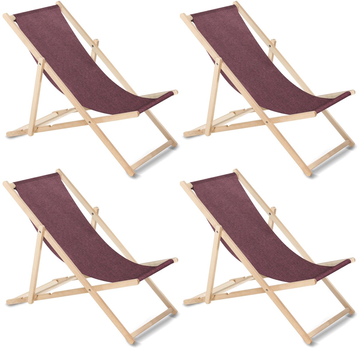 GreenBlue - Set van 4 stuks strandstoel - Houten ligstoel Beukenhout Drie verstelbare rugleuningposities bordeauxrood