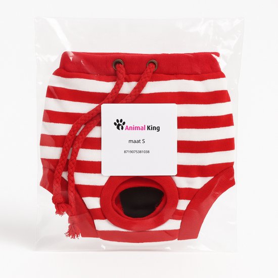 Verpakte rode en witte gestreepte loopsheidbroekje voor honden, maat S, met Animal King logo.