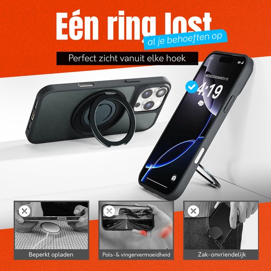 Coque compatible avec iPhone 16 Pro avec Ring de support à 360 ° - Zwart Coque MagSafe Antichoc Grip Cove