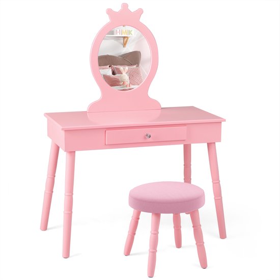 Coiffeuse pour enfants COSTWAY, coiffeuse et bureau 2 en 1 avec miroir et tabouret amovibles, coiffeuse avec tiroir et pieds en pin, coiffeuse avec une capacité de charge jusqu'à 65 kg, 70 x 34 x 100 cm (rose)