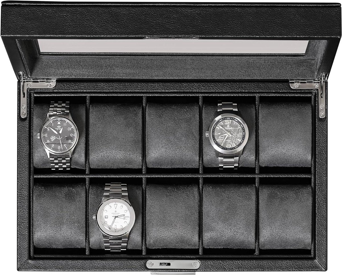 Luxe lederen horlogedoos met 10 sleuven - ultrazachte microsuède voering - vergrendelend - groot glazen blad (zwart-grijs)