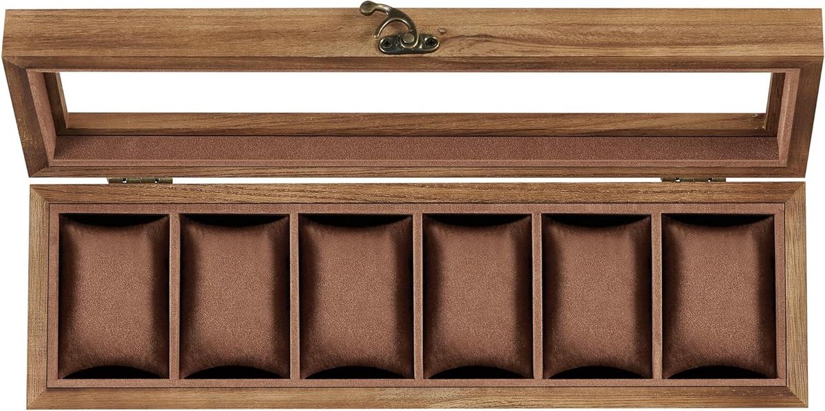 Horlogedoos met 6 vakken van massief hout en glazen deksel, organizer met uitneembare kussentjes - Rustiek notenhout