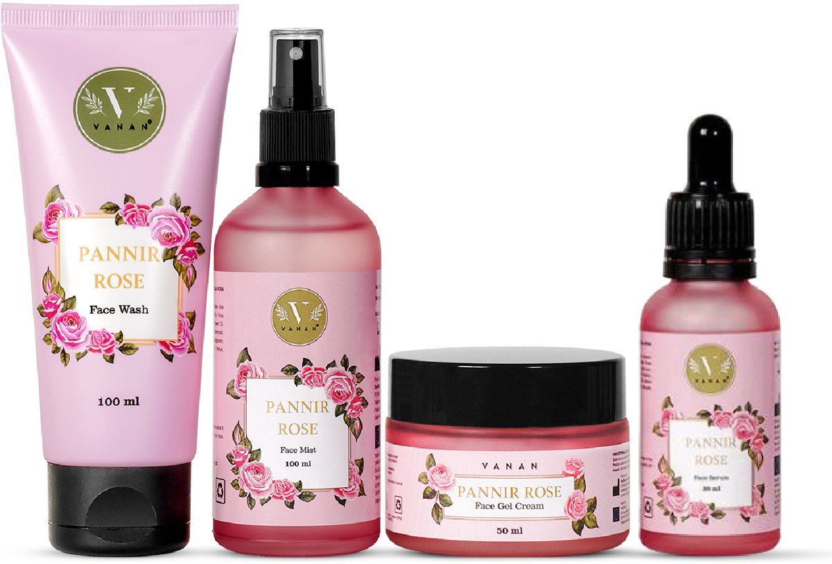 Vanan Pannir Rozen Gezichtsverzorgingsset – 4-in-1 Geschenkverpakking – Natuurlijk, Vegan, Plantaardig & Ayurveda Huidverzorging