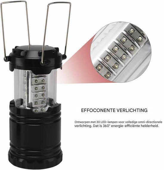 LED-kampeer lamp - Opvouwbare kampeer lamp op batterijen - AA-batterijen - Noodverlichting, vissen - Ideaal voor kamperen, wandelen en tuinieren - Ideaal voor orkanen, stormen en stroomuitval - Opvouwbare buitenlamp - Zwart van Merkloos — afbeelding 4