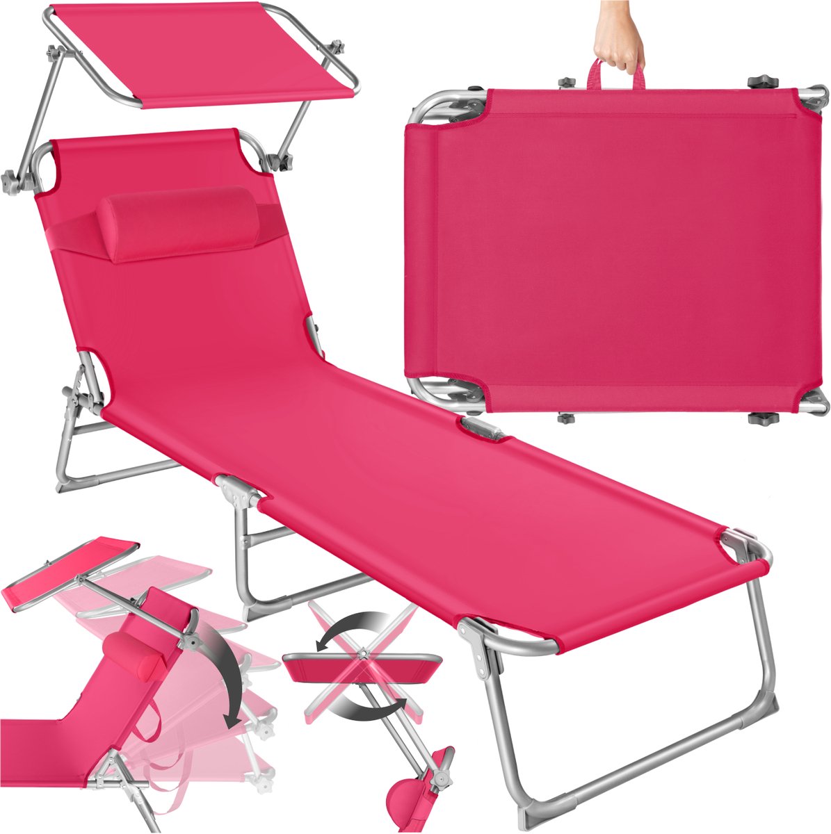 Bol.com tectake® Ligstoel met Zonnescherm - Opvouwbaar Ligbed - Zonnebed met Verstelbare Rugleuning in 4 Standen - Inclusief Hoo... aanbieding