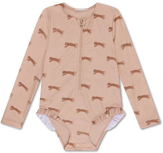 Beige badpak met lange mouwen, luipaardprint, ritssluiting en ruches aan de broekrand.