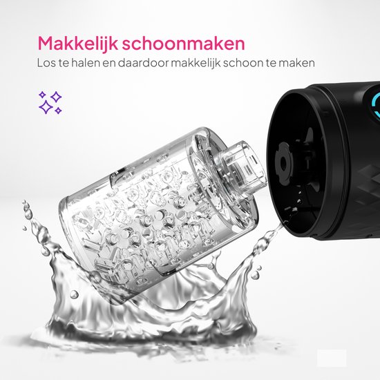 Transparant deel van zwarte masturbator, met waterplons eronder. 'Makkelijk schoonmaken' is te lezen.