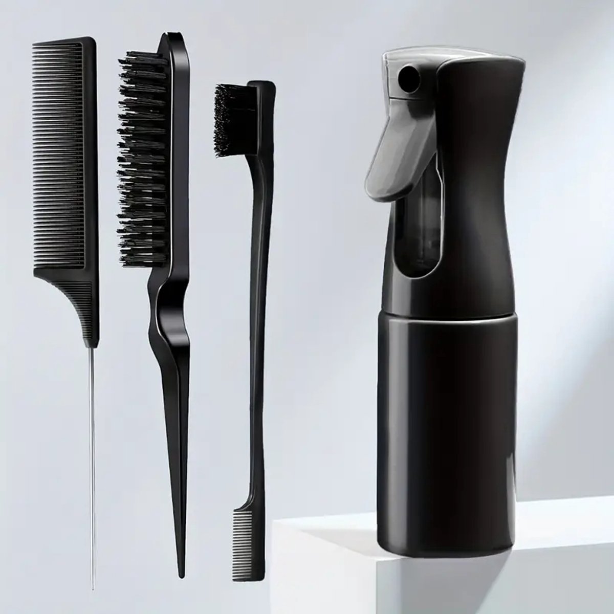 FA-VE Slick Back Hair Brush - Slickback Hairbrush Set van 6 - Haarborstel Set Met Spray - Toupeerkam - Toupeerborstel - Hairbrush - Slick Back Brush - Slick Back Bun Brush - Zwart